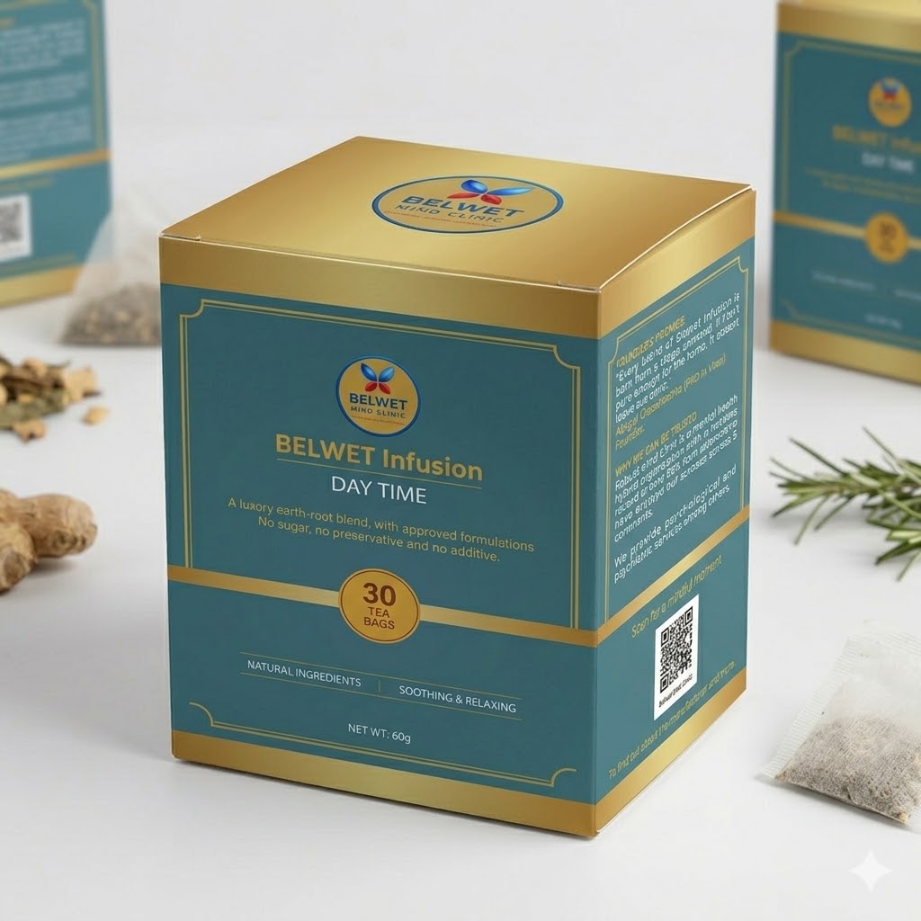 BELWET Day Infusion herbal clarity tea — 30 bags, Nigeria. Contains Doum palm, Rosemary, Cinnamon, Ginger.