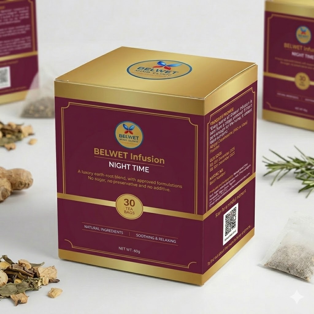 BELWET Night Infusion herbal sleep tea — 30 bags, Nigeria. Contains Valerian, Chamomile, Lavender, Ginger.